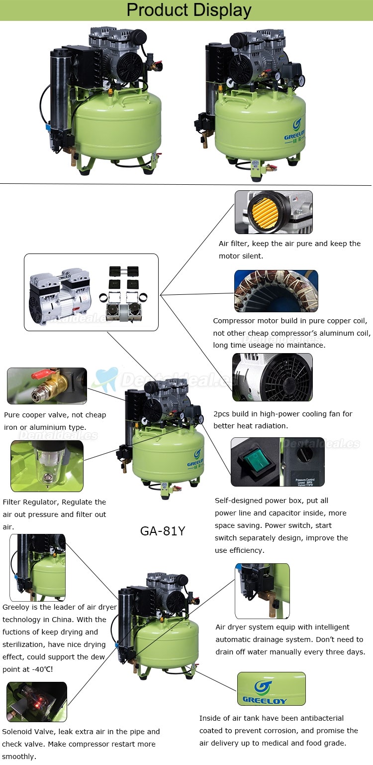 Greeloy 800W Compresores de Aire Sin aceite Dental con secador GA-81Y